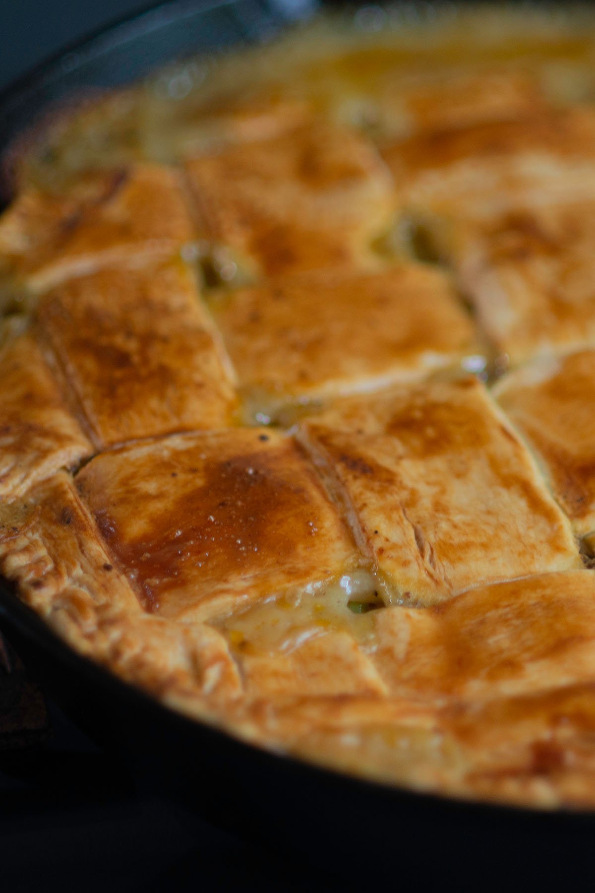 Smoked turkey pot pie with a woven top.