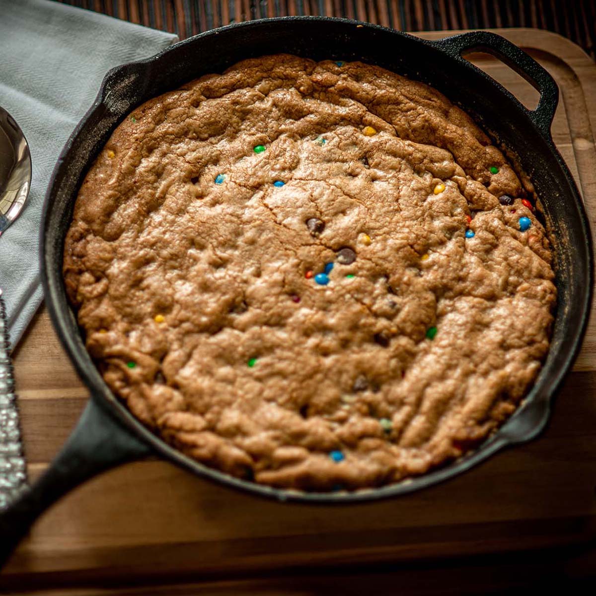 browned butter, m&m chocolate chip skillet cookie