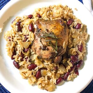 Jerk Chicken with Red Beans and Coconut Rice Served