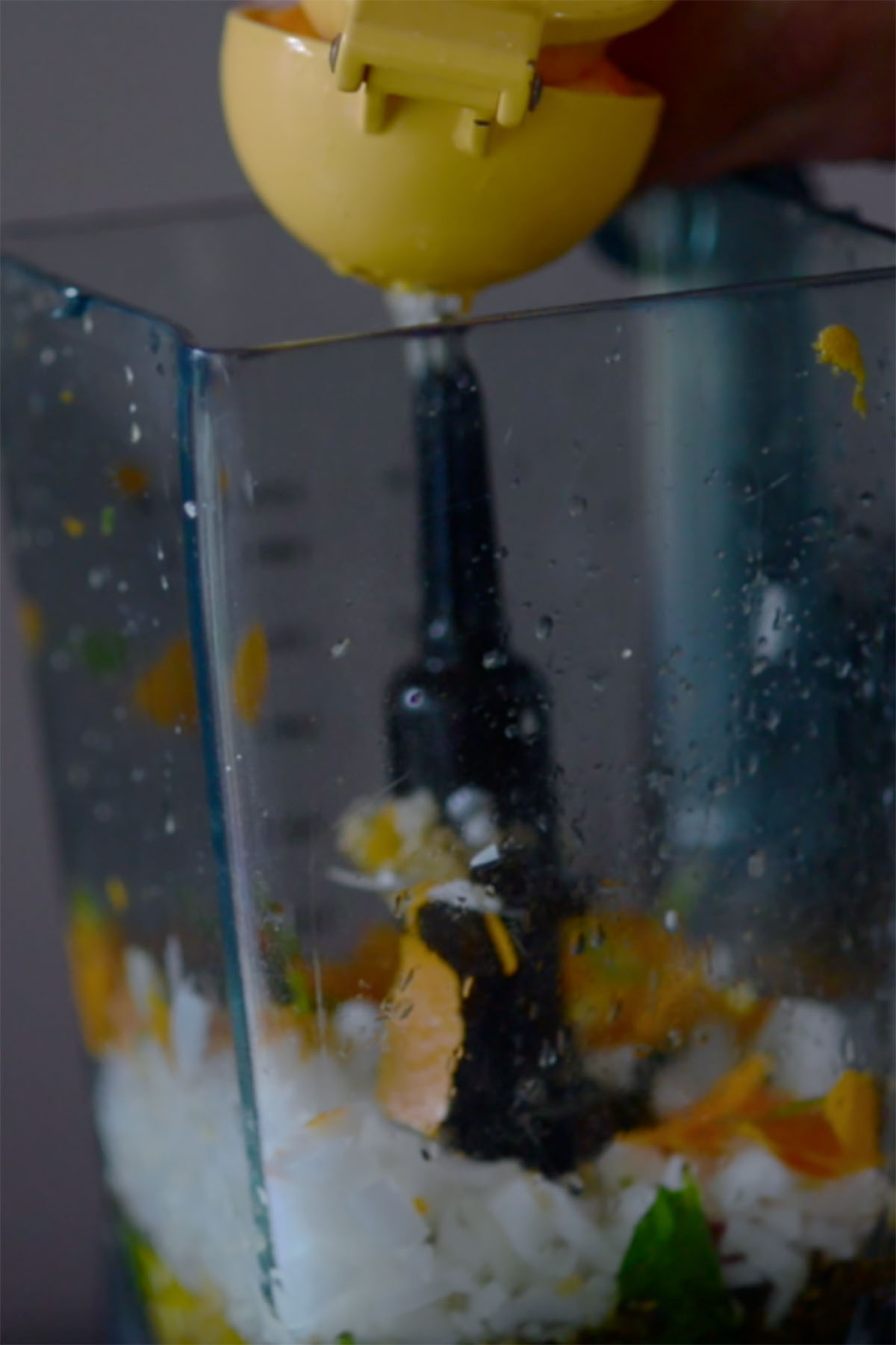 Freshly squeezed citrus juice being added to a blender.
