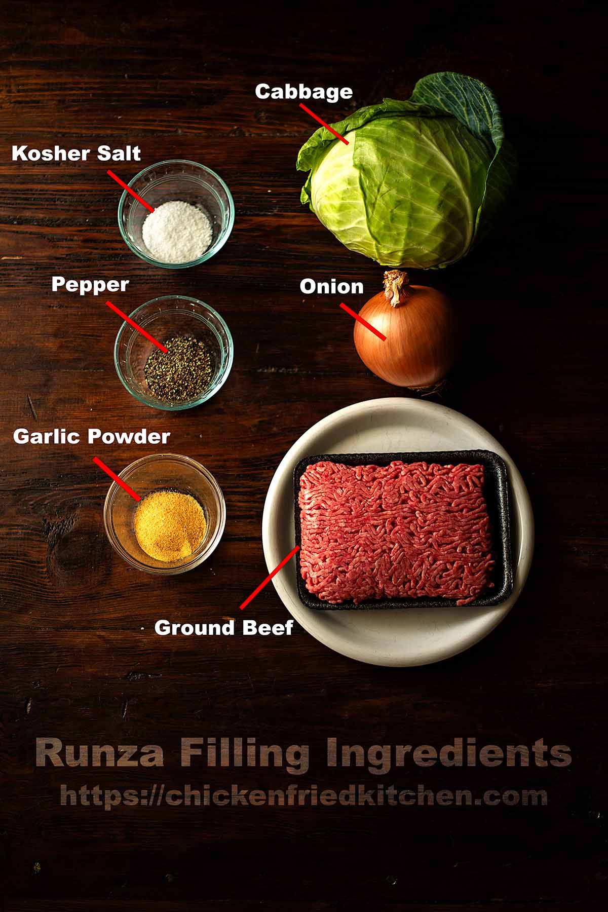 Runza filling ingredients labeled and laid out on a rustic wooden table.