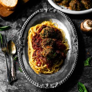 Spaghetti and meatballs served with a thick Italian meat sauce.