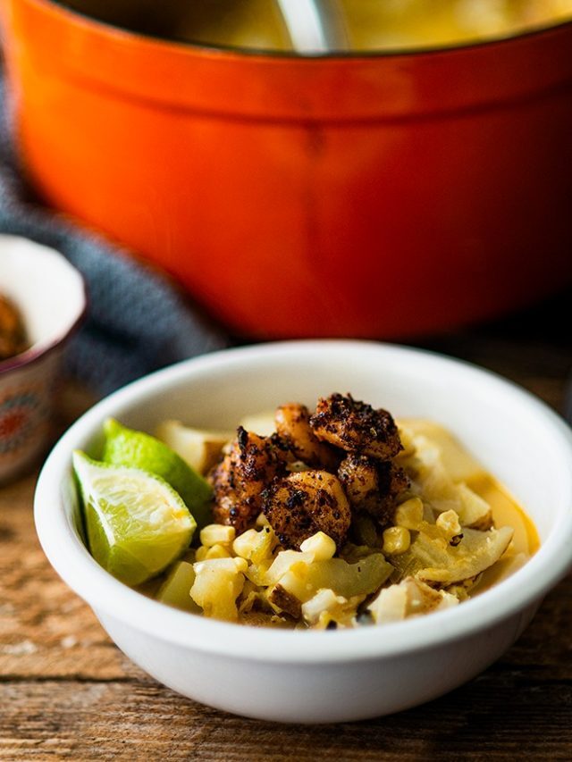 Easy Hatch Green Chile Corn Chowder with Blackened Shrimp