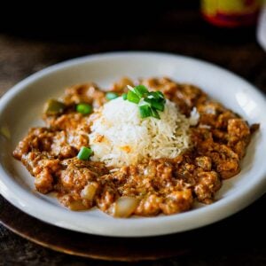 Blackened Alligator Etoufee served on a white plate with rice in the center garnished with sliced green onion.