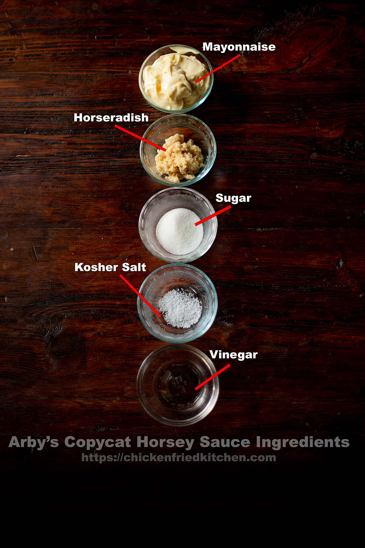 Copycat Horsey Sauce ingredients labeled on a wooden table.