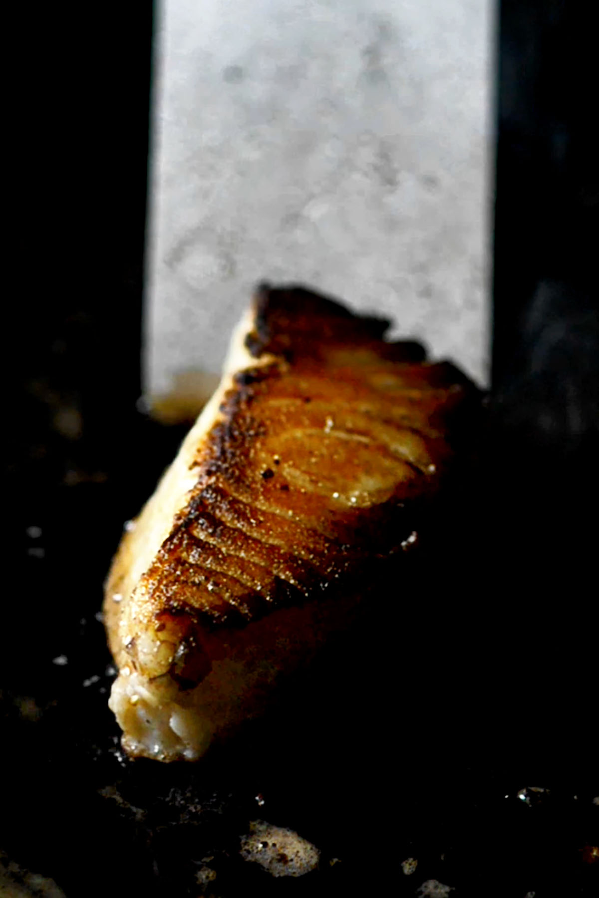 Chilean Sea Bass steak seared in cast iron skillet.