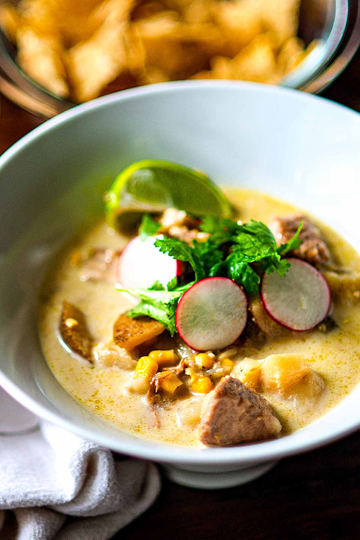 Chile Verde Stew served in a white bowl and topped with sliced radish, a lime wedge, and cilantro.