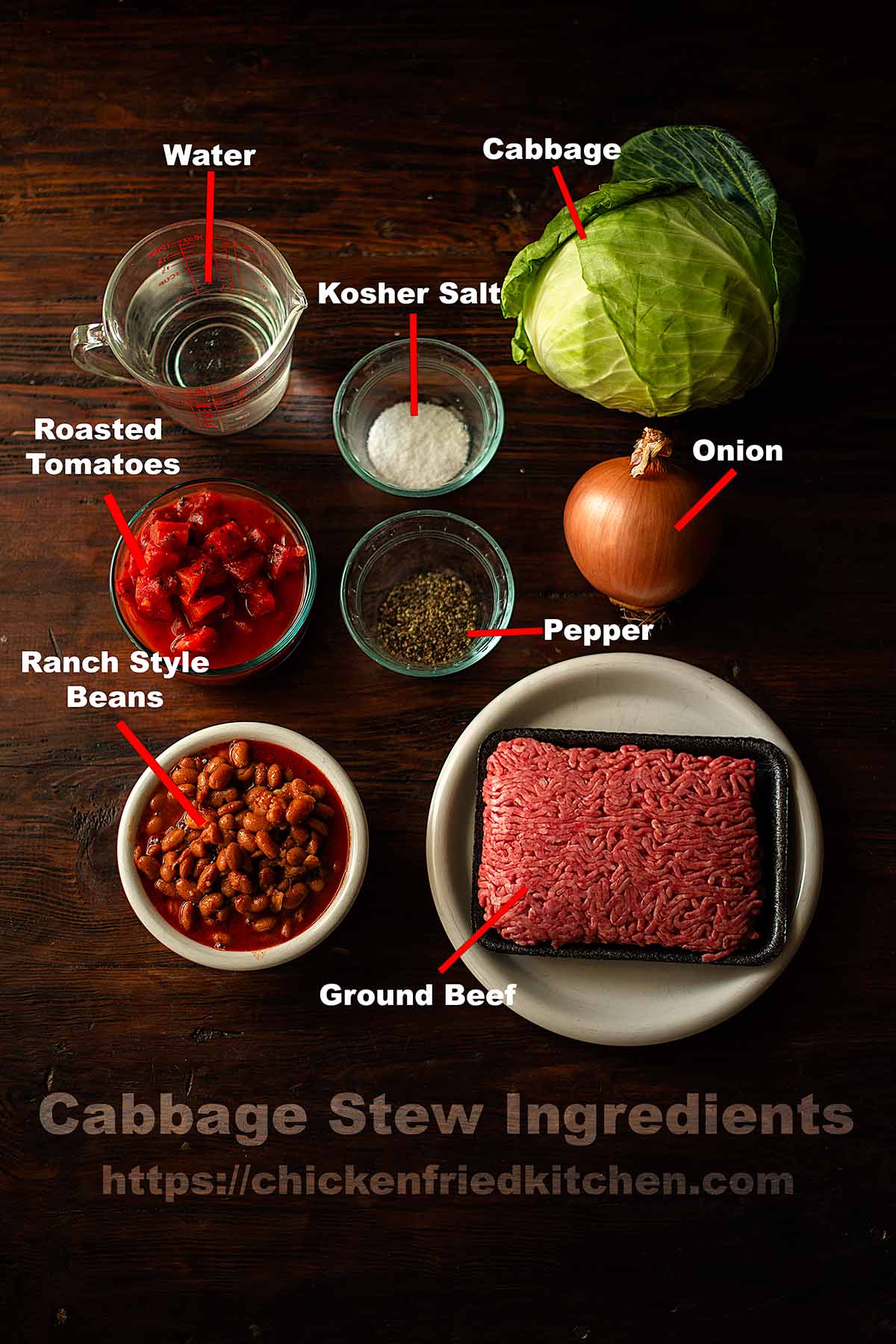 Cabbage stew ingredients laid out and labeled on a rustic wooden table.