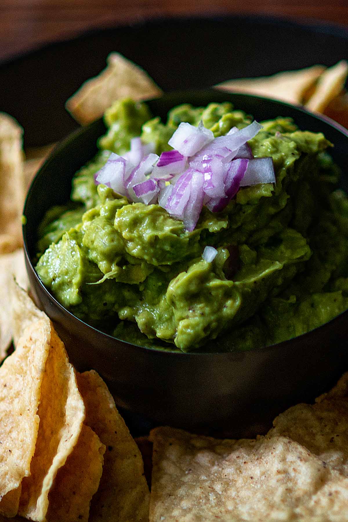 Freshly made Guacamole topped with chopped red onion and served with tortilla chips. 
