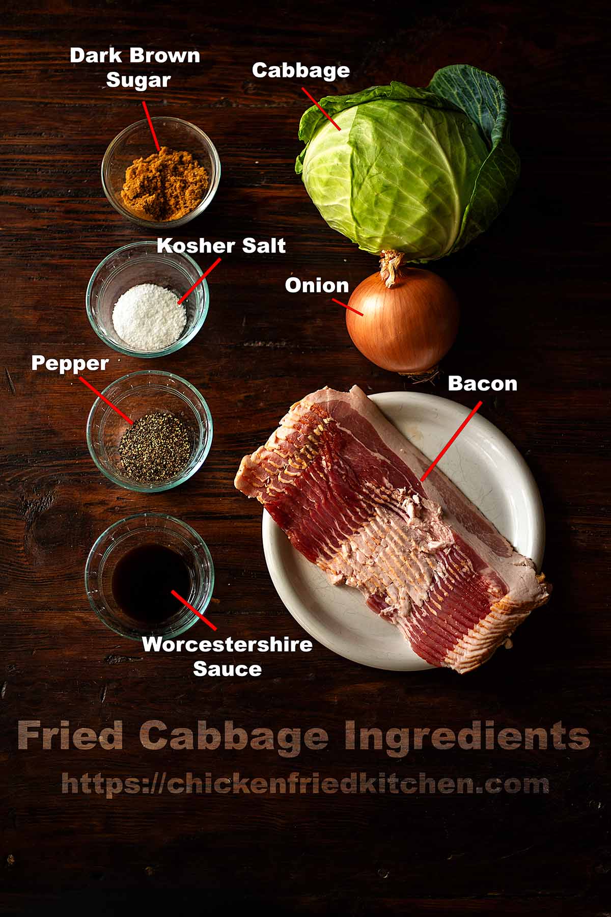 Fried cabbage ingredients labeled and laid out on a rustic wooden table.