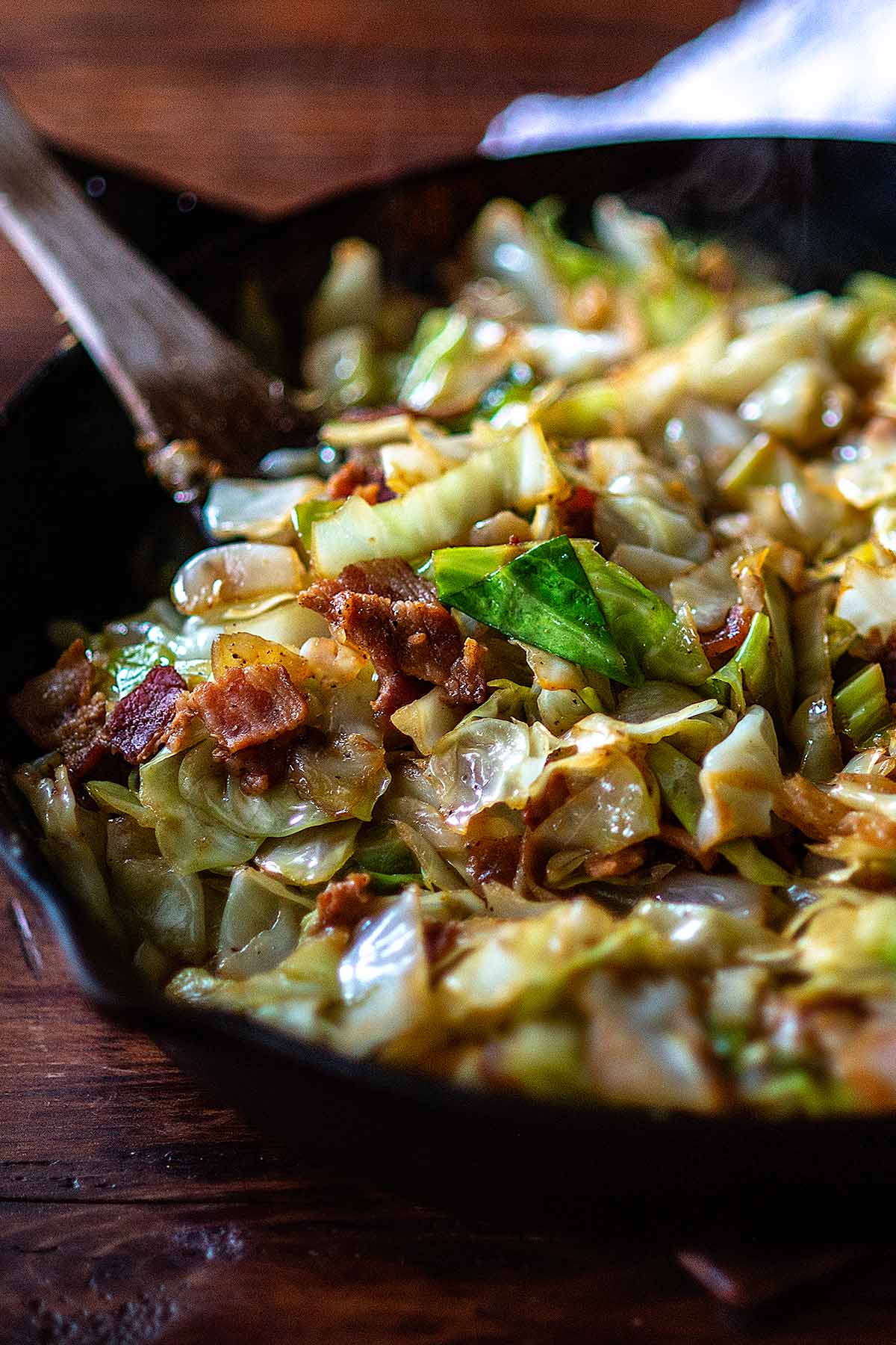 Irish Fried Cabbage served in a cast iron skillet.