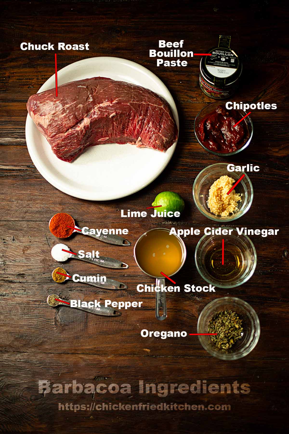 Barbacoa ingredients pictured and listed. 