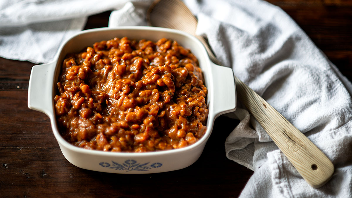 Baked bean served in a vintage baking dish.