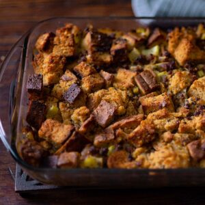Italian Sausage Stuffing served in a baking dish.