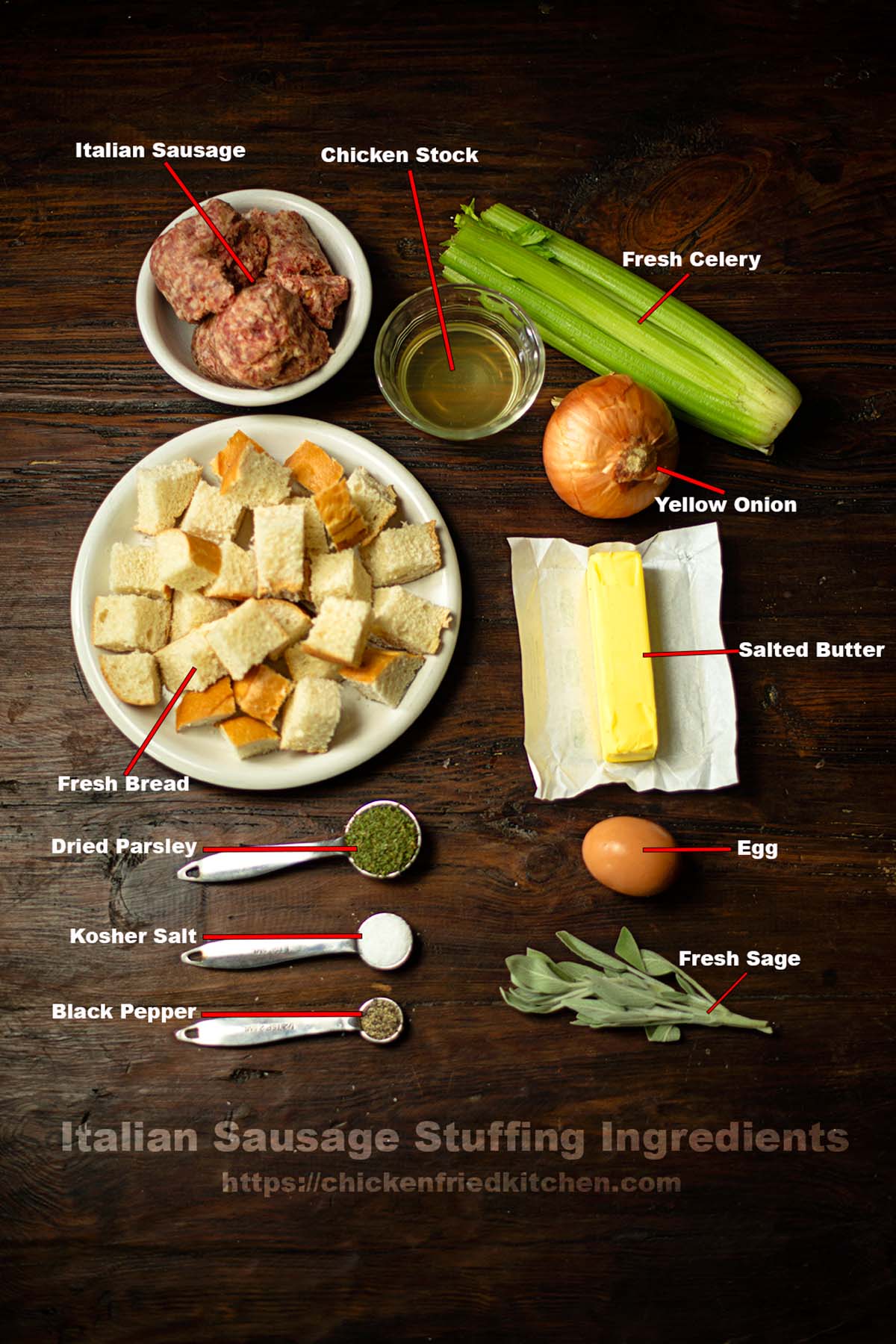 Italian Sausage Stuffing ingredients pictured and listed.