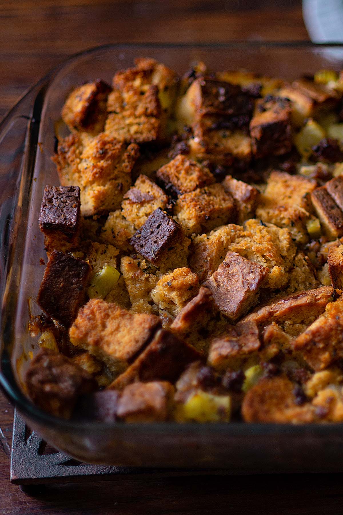 Italian Sausage Stuffing served in a baking dish.