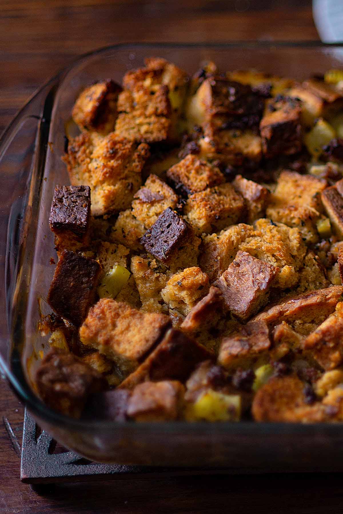 Italian Sausage Stuffing baked and served in a baking dish.