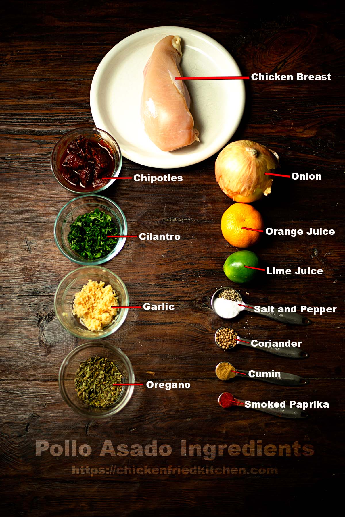 Pollo Asado ingredients pictured and listed.