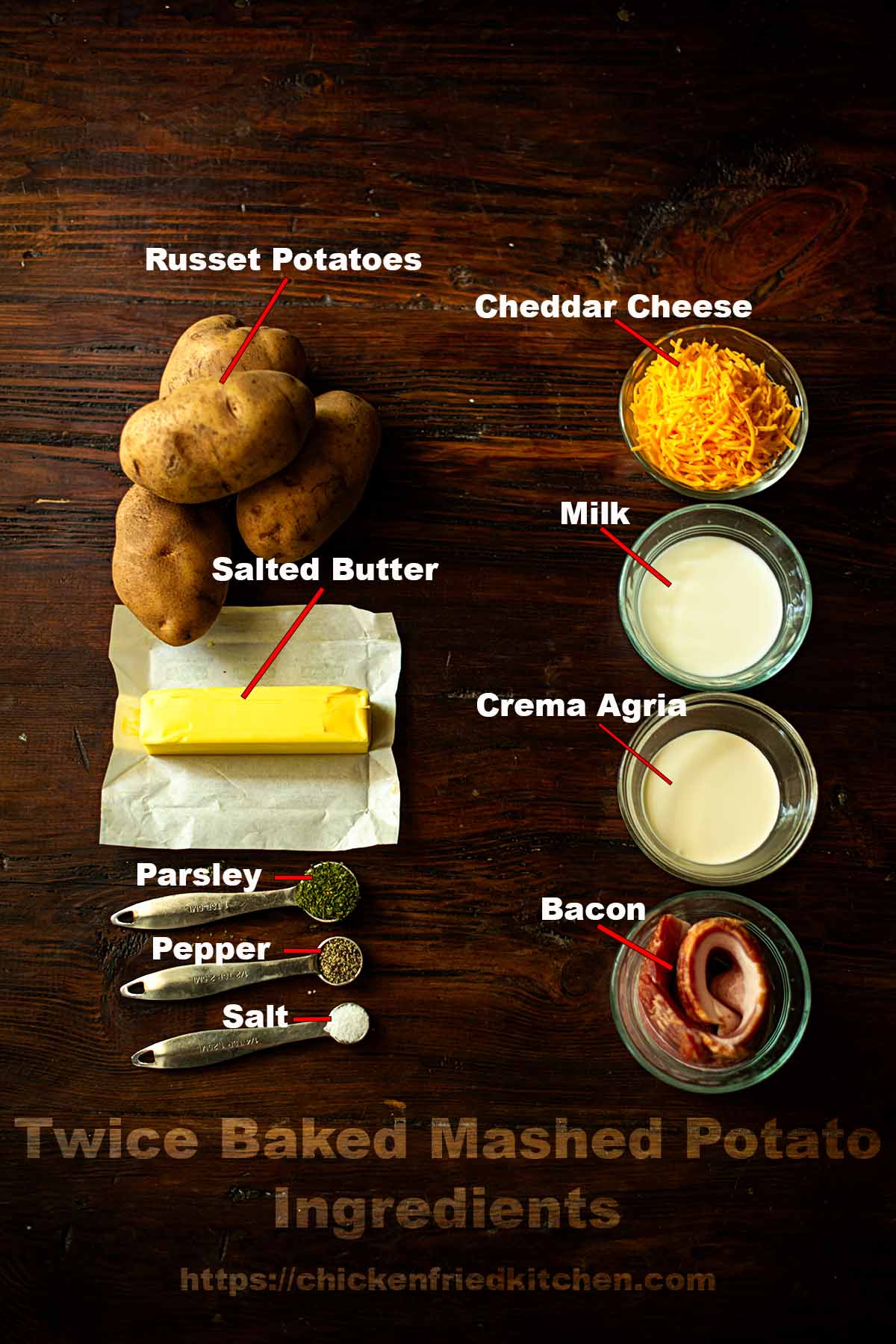 Twice Baked Mashed Potato ingredients pictured and listed.