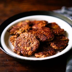 Homemade Chicken Sausage Patties served family style.