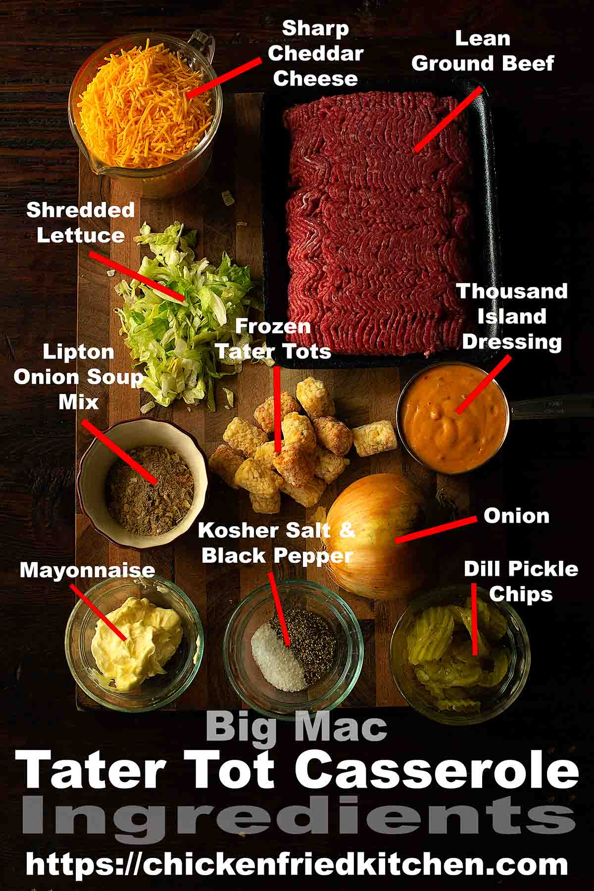 Bic Mac Tater Tot Casserole Ingredients labeled and laid out on a table.