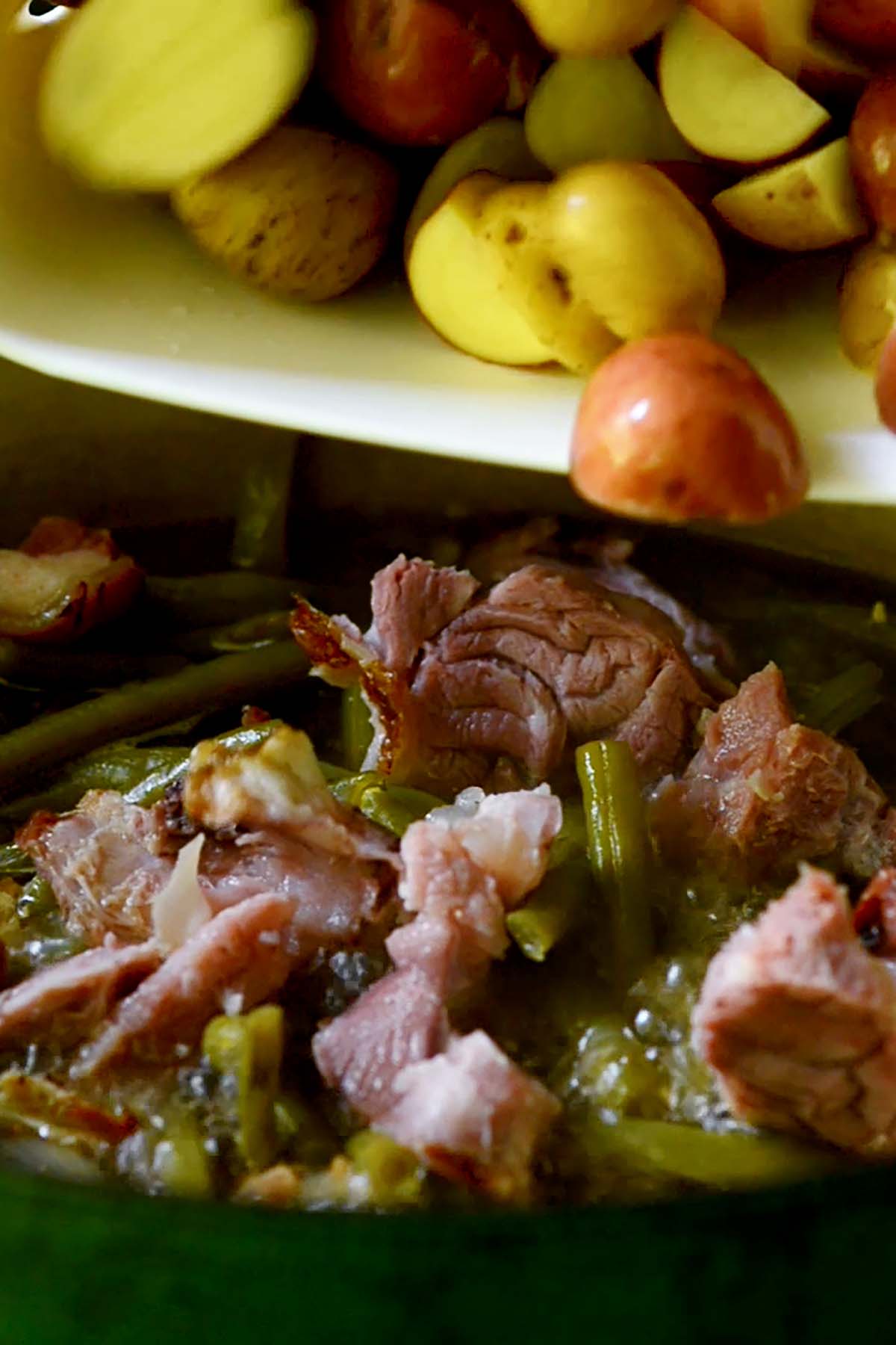 Pulled ham meat from a ham hock in a pot of simmering green beans with halved yellow potatoes being added in.