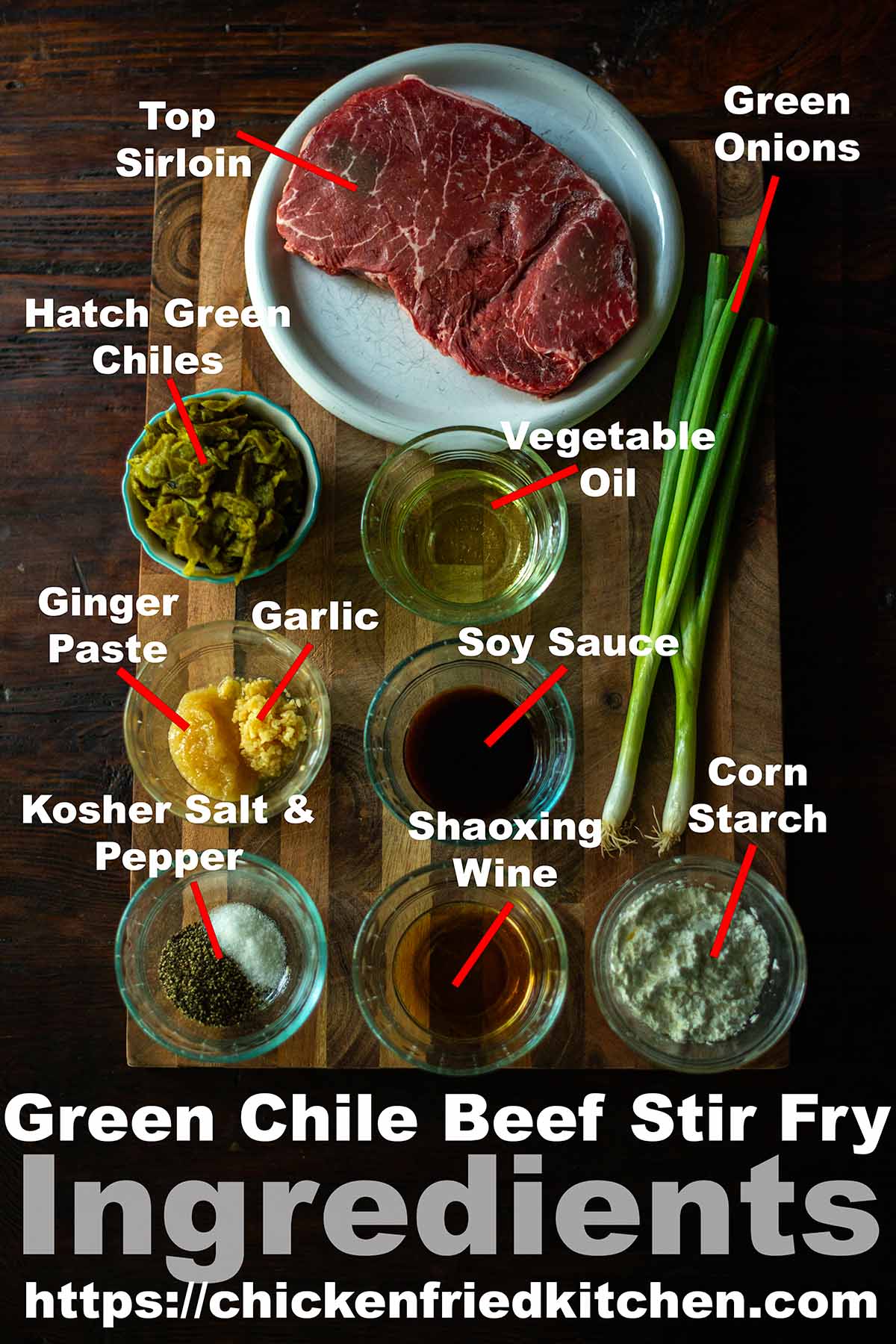 Green Chile Beef Stir Fry Ingredients labeled and laid out on a table.