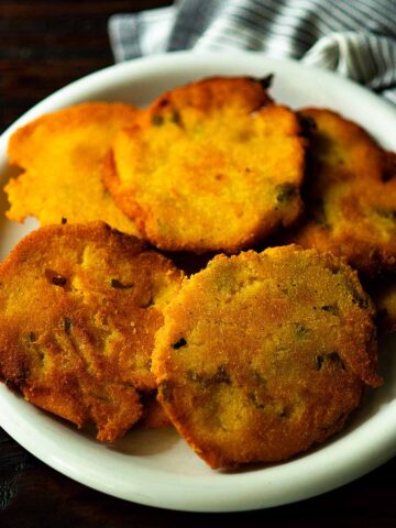 Green Chile Cheddar Hot Water Cornbread served family style.