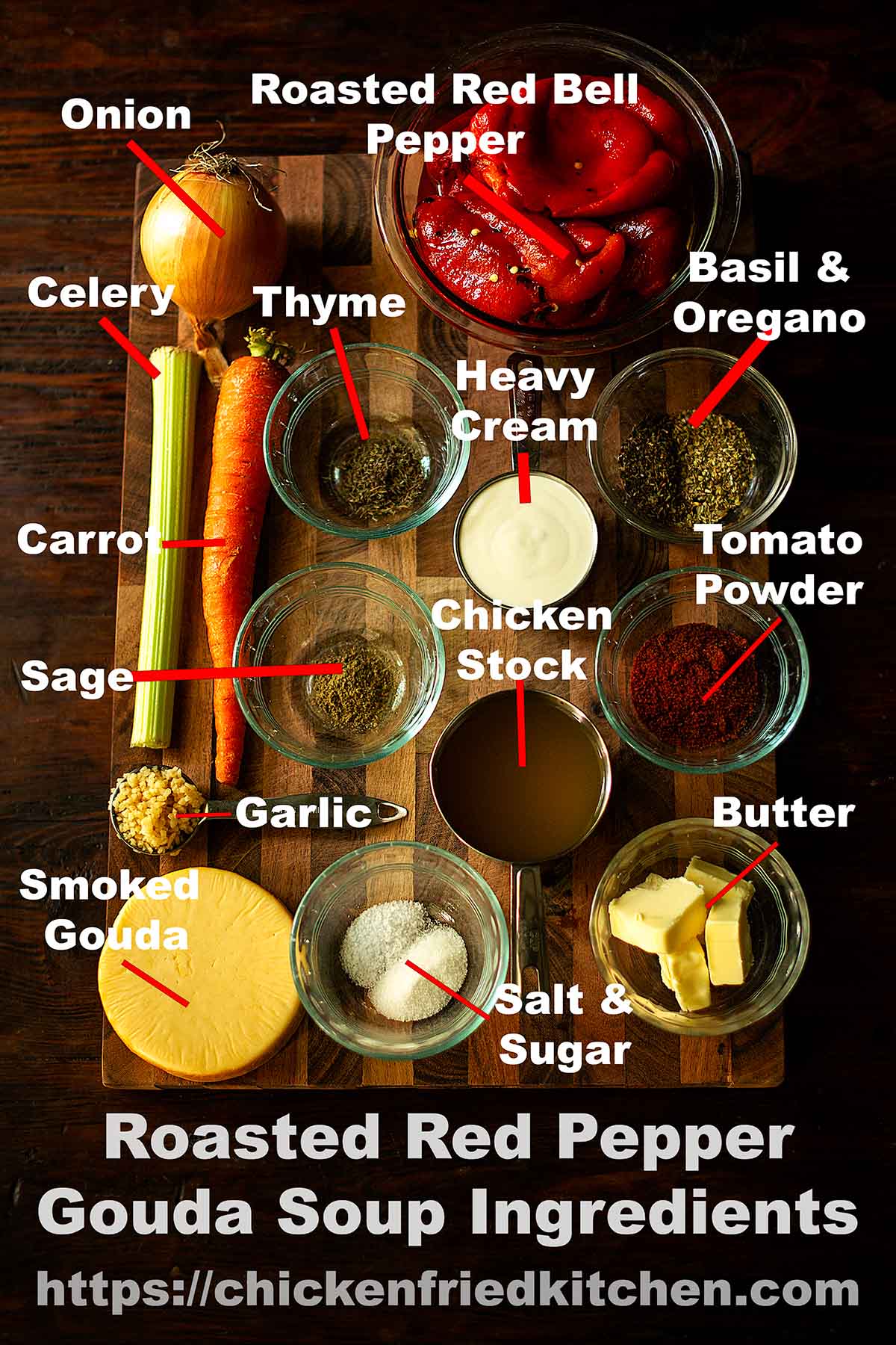 Roasted Red Pepper Gouda Soup Ingredients labeled and laid out on a wood table.