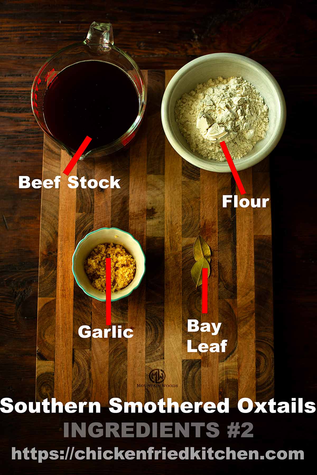 Smothered souther oxtails gravy ingredients laid out and labeled on a wooden table.