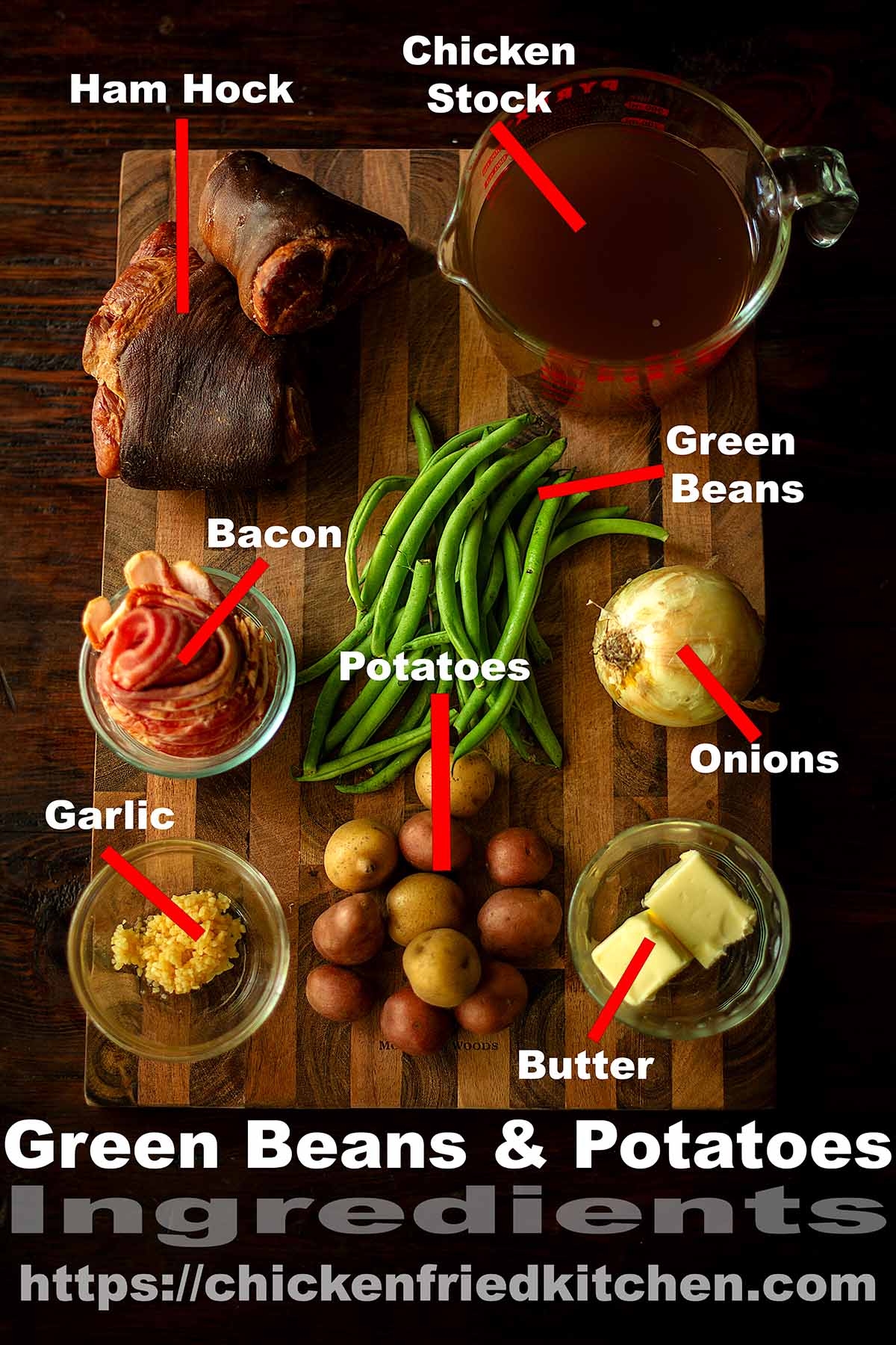 Southern Green beans and potato ingredients labeled and laid out on a wooden table.