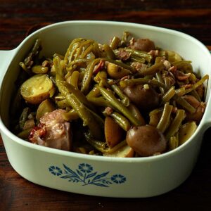 Southern green beans and potatoes served family style.