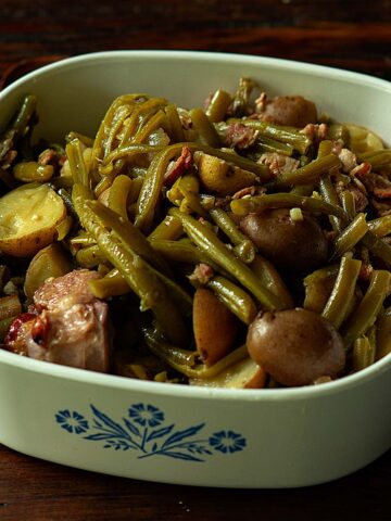 Southern green beans and potatoes served family style.