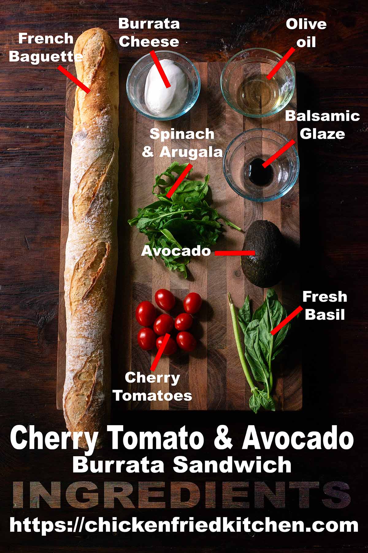 Burrata sandwich ingredients laid out on a wooden table and labled.