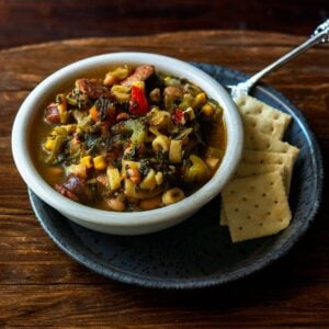 Swamp Soup served with saltine crackers on the side.