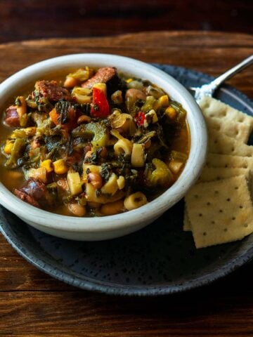 Swamp Soup served with saltine crackers on the side.