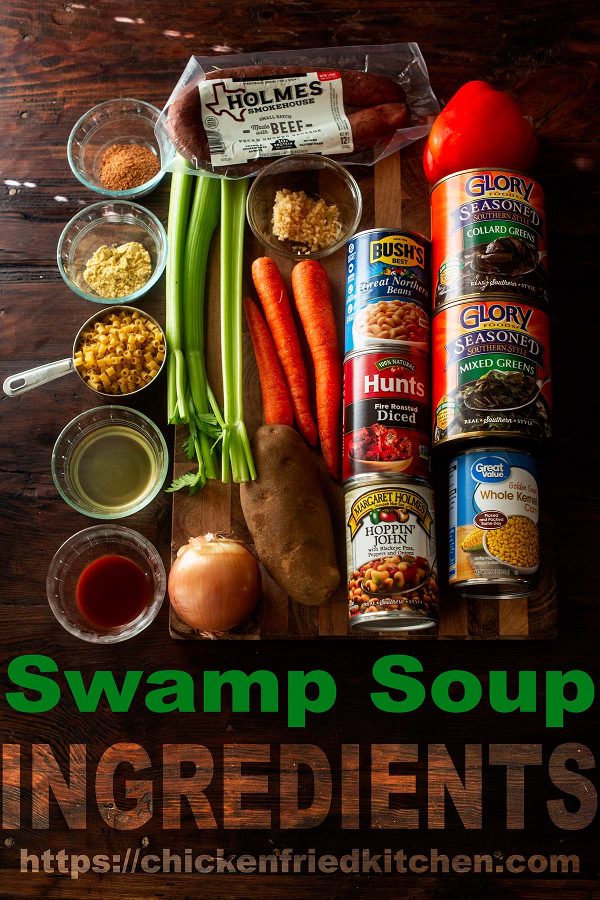Swamp Soup Ingredients laid out on a wooden table.