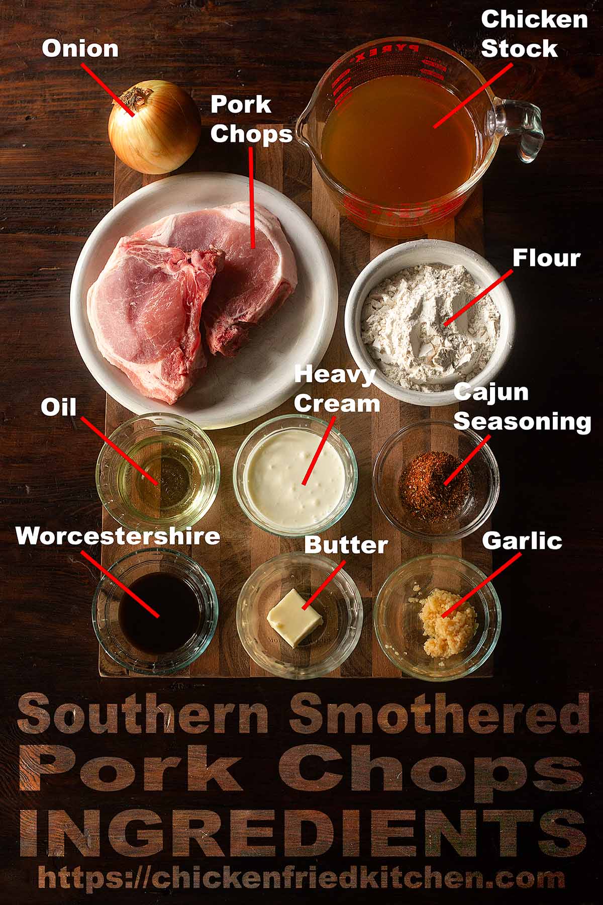 Southern Smothered Pork Chops ingredients laid out on a wooden table and labeled.