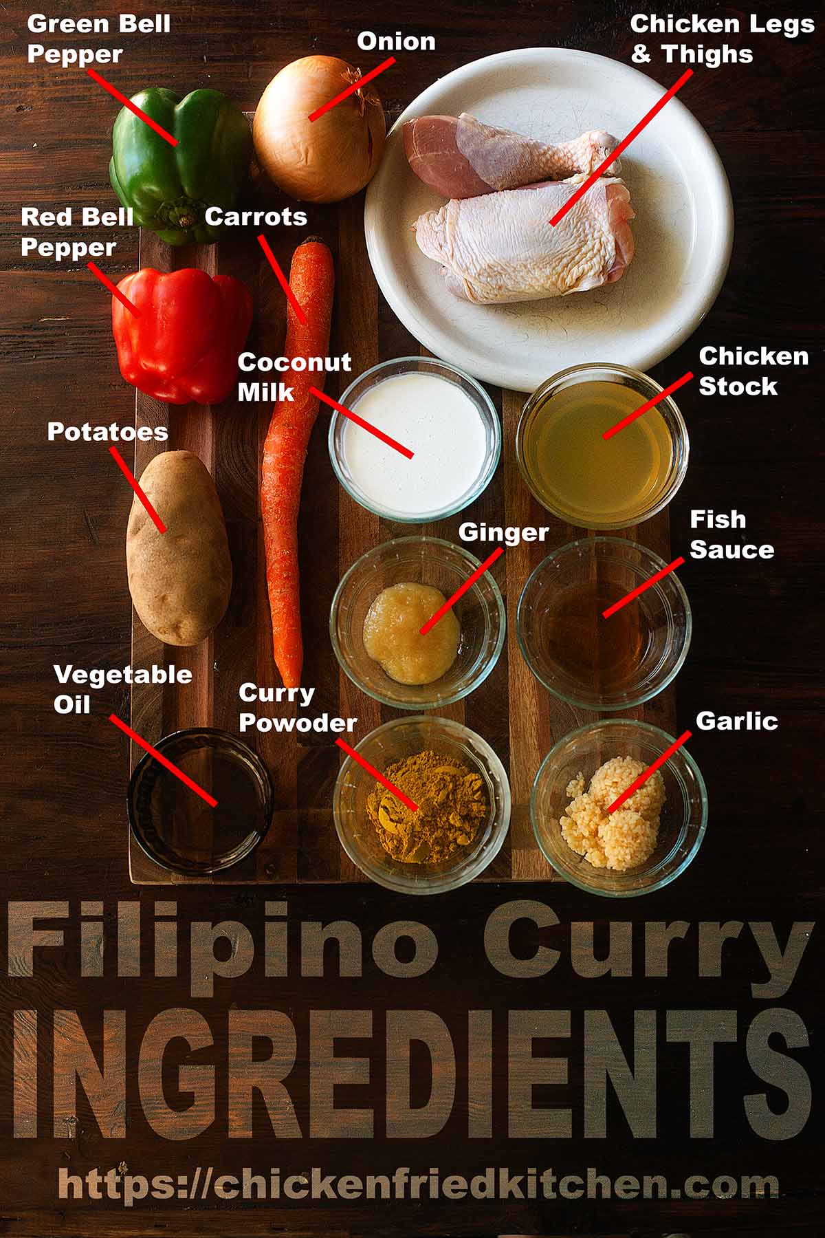 Filipino Chicken Curry ingredients labeled and laid out on a wooden table.