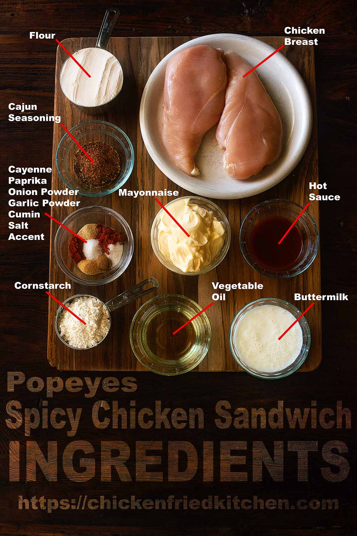 Copycat Popeyes Spicy Chicken Sandwich recipe ingredients labeled and laid out on a table.