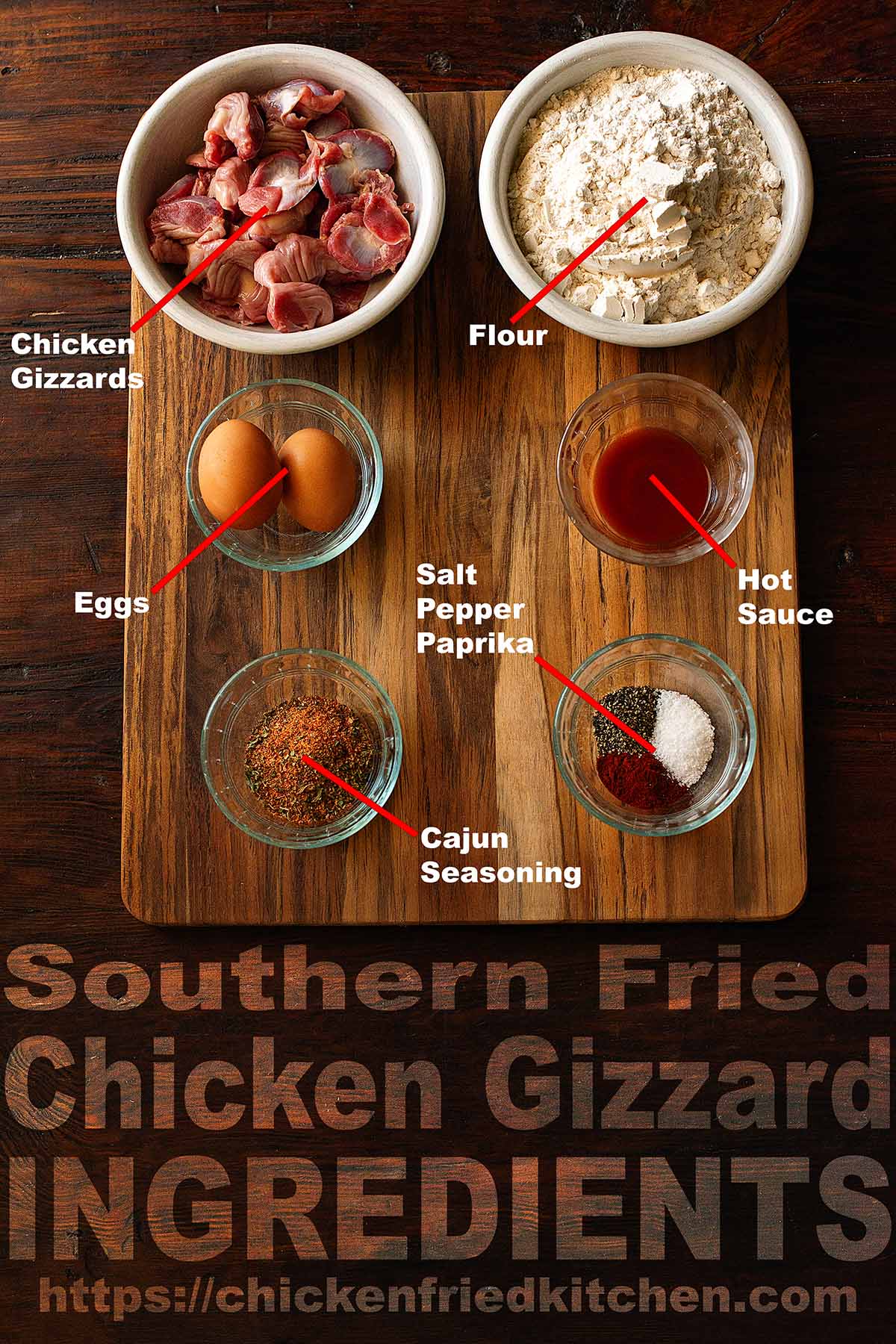 Southern fried gizzard ingredients labeled and laid out on a wooden table.