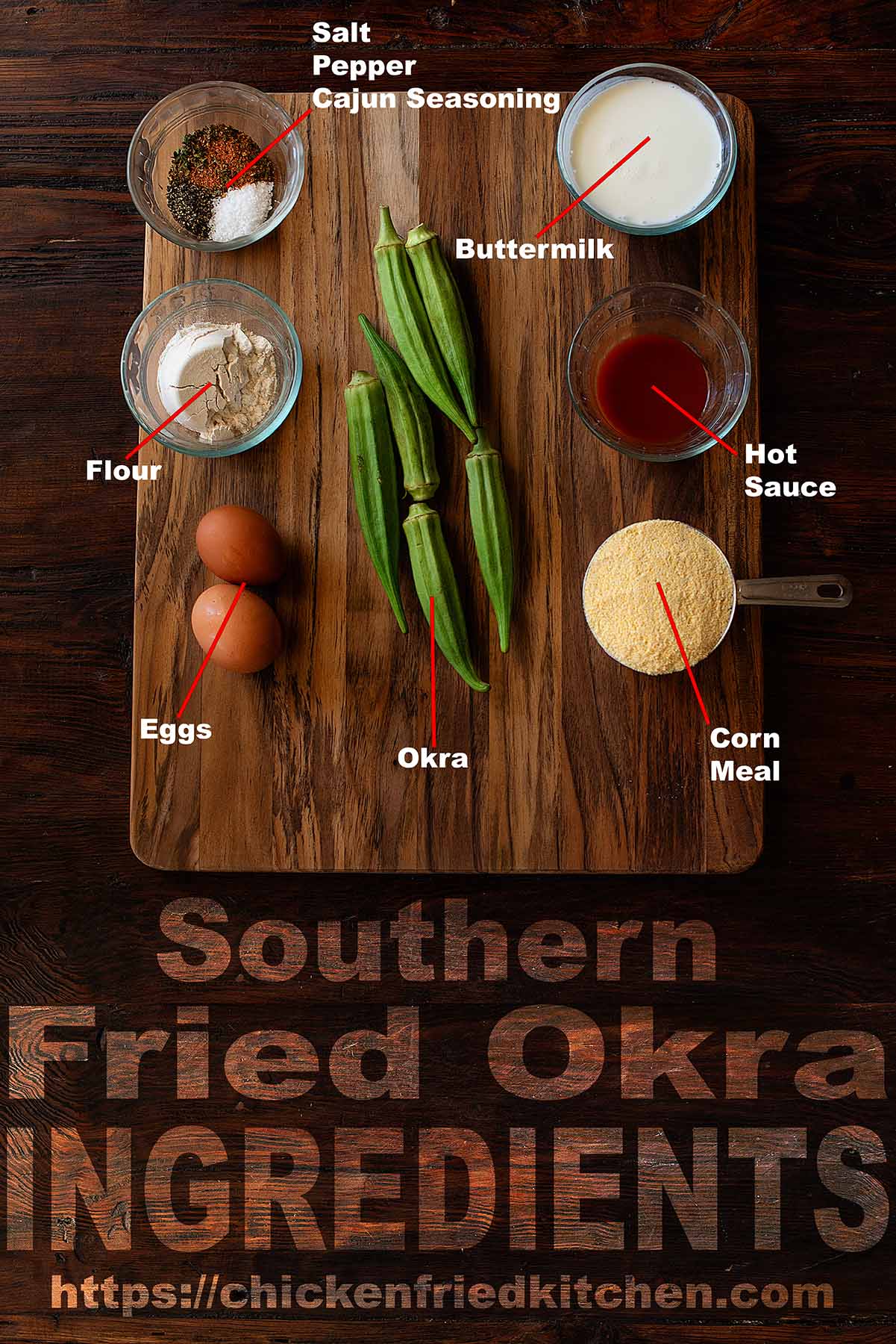 Fried okra ingredients labeled and laid out on a wooden table.
