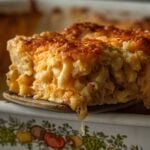 A melty slice of southern baked mac and cheese on a wooden spatula.