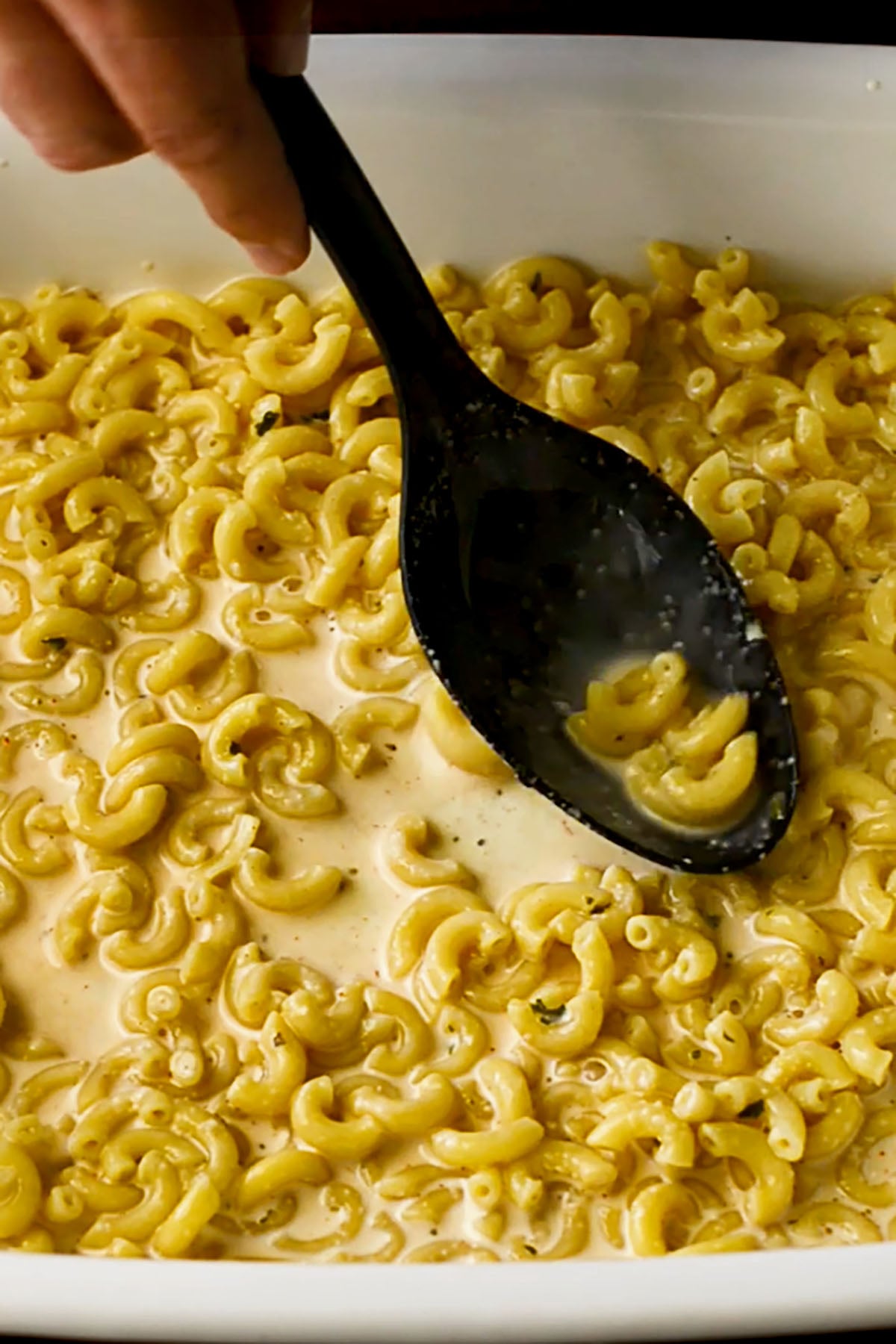 Cooked elbow macaroni with a seasoned milk and cream mixture in a baking dish.