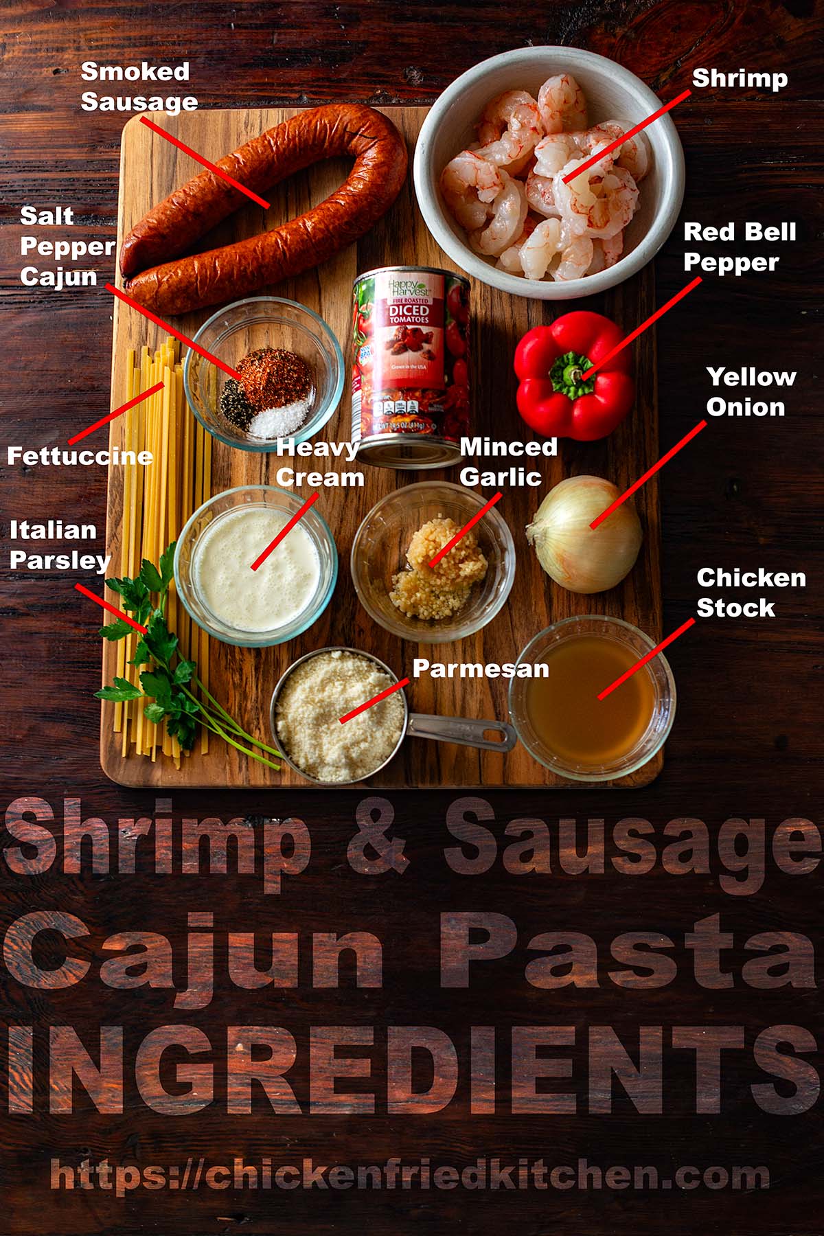 Shrimp and Sausage Cajun Pasta ingredients laid out and labeled on a wooden table.