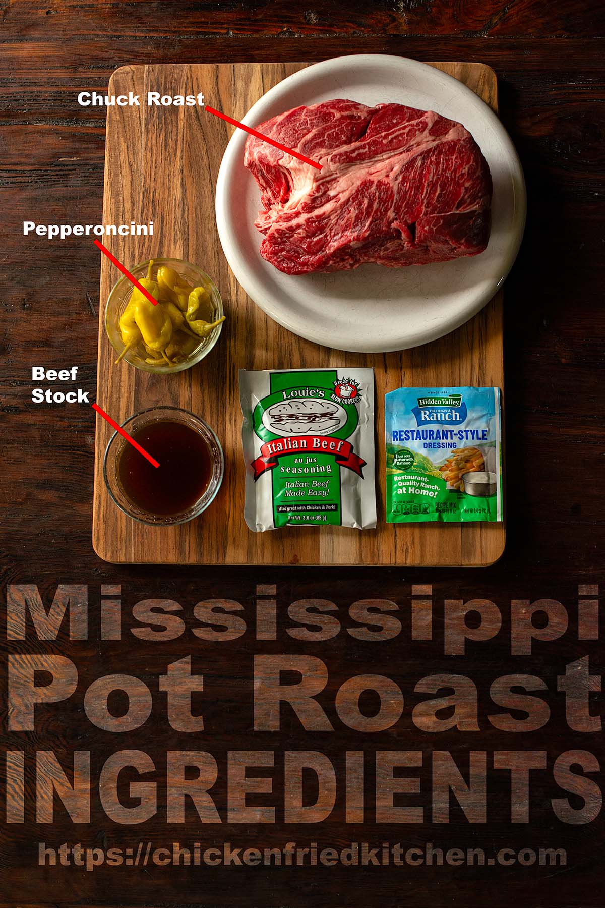 Mississippi pot roast ingredients labeled and laid out on a wooden table.