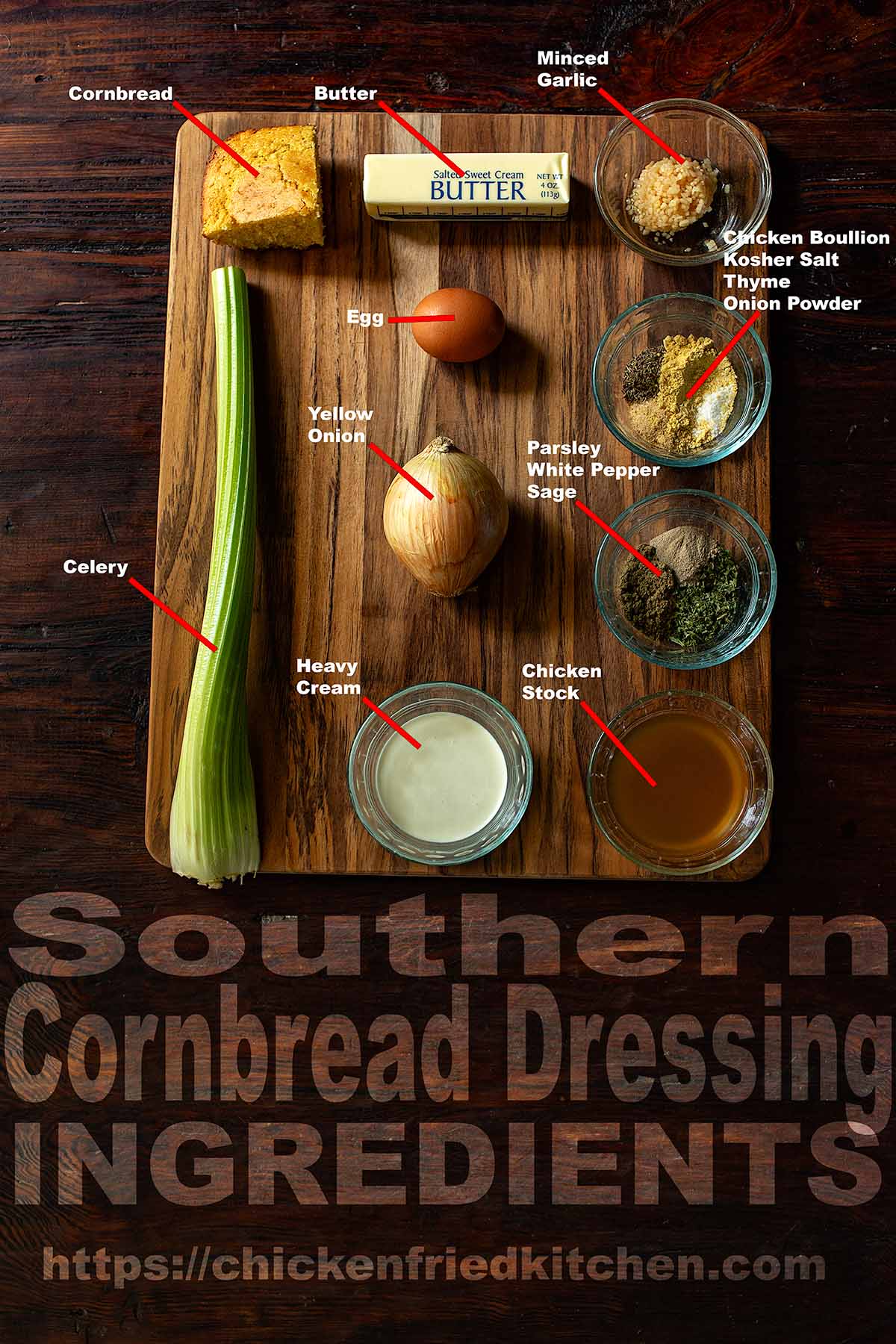 Southern Cornbread Dressing Ingredients laid out on a wooden table and labeled.