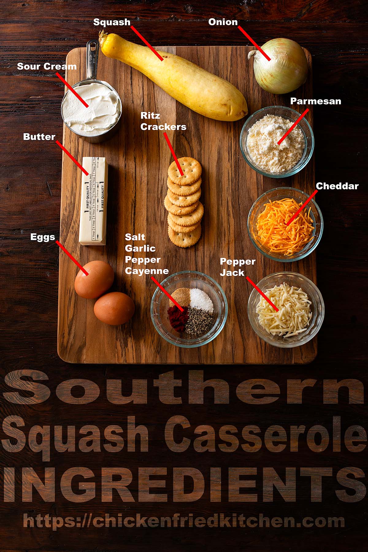 Southern Squash Casserole ingredients labeled and laid out on a wooden table.