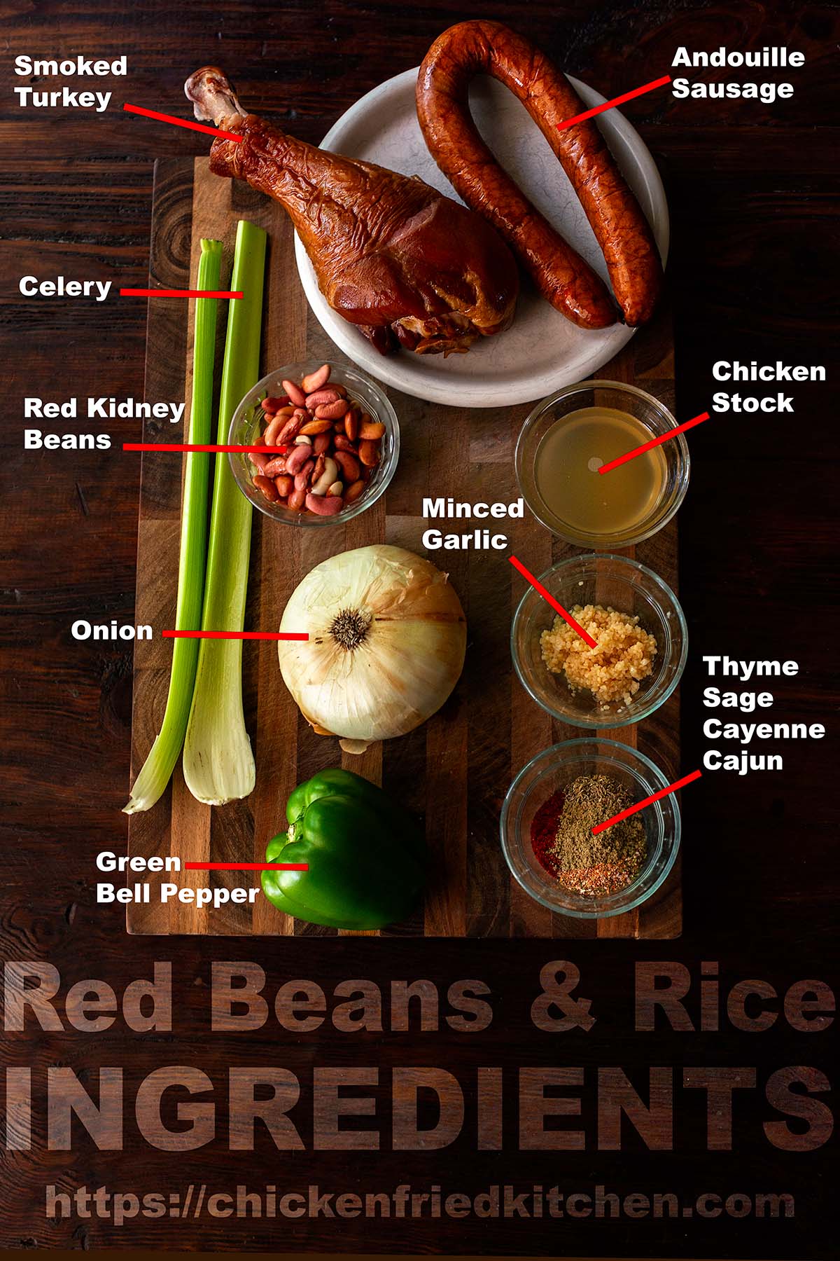 Red Beans and Rice Ingredients laid out and labeled on a wooden table.