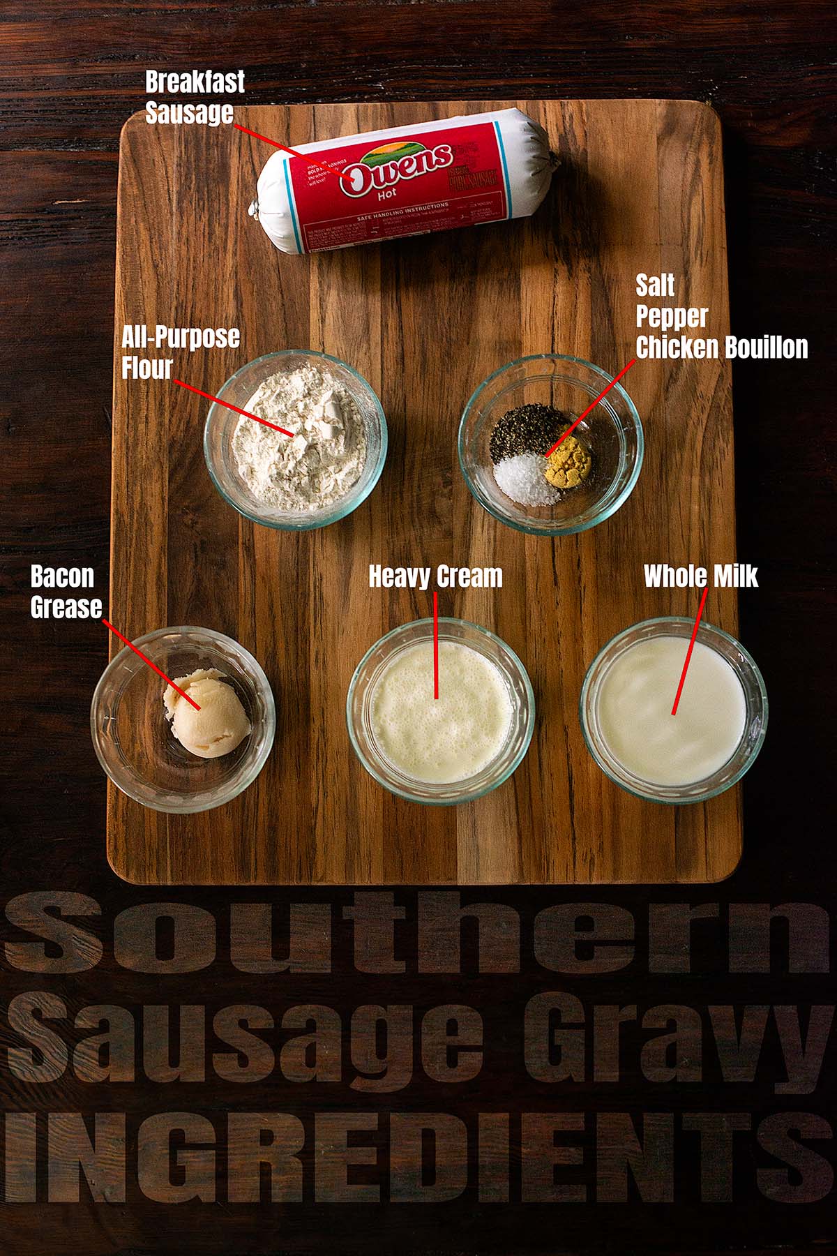 Southern sausage gravy ingredients laid out and labeled on a wooden table.